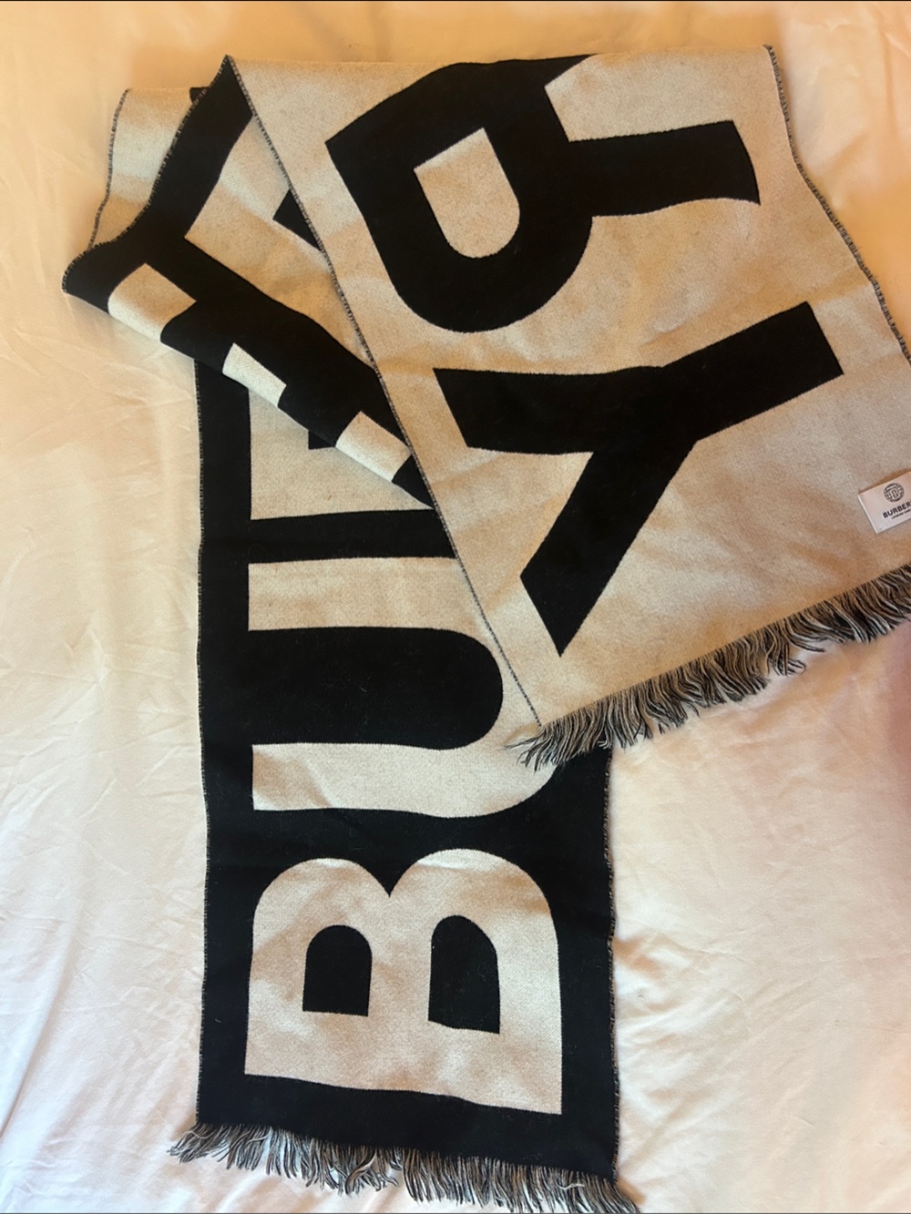 Burberry Cashmere Black and Cream Logo Knit Scarf